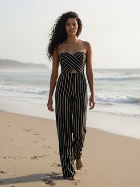 Madrag Strapless Black and White Striped Cutout Jumpsuit
